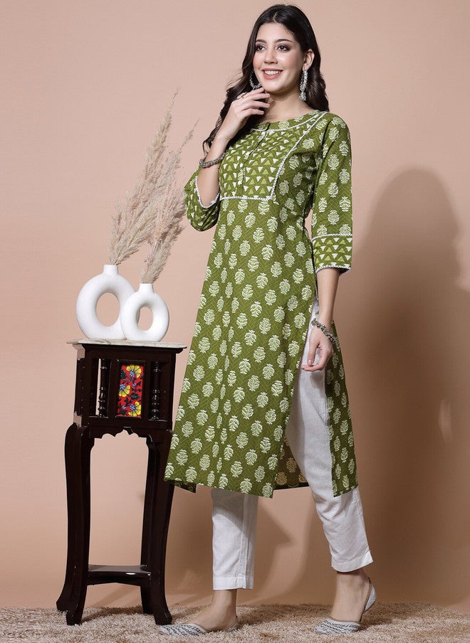 LARGISH Ethnic Motifs Printed Calf Length Kurta in Green - Image 5