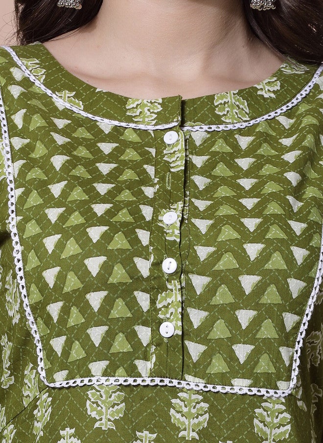 LARGISH Ethnic Motifs Printed Calf Length Kurta in Green - Image 2
