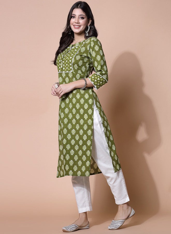 LARGISH Ethnic Motifs Printed Calf Length Kurta in Green - Image 3