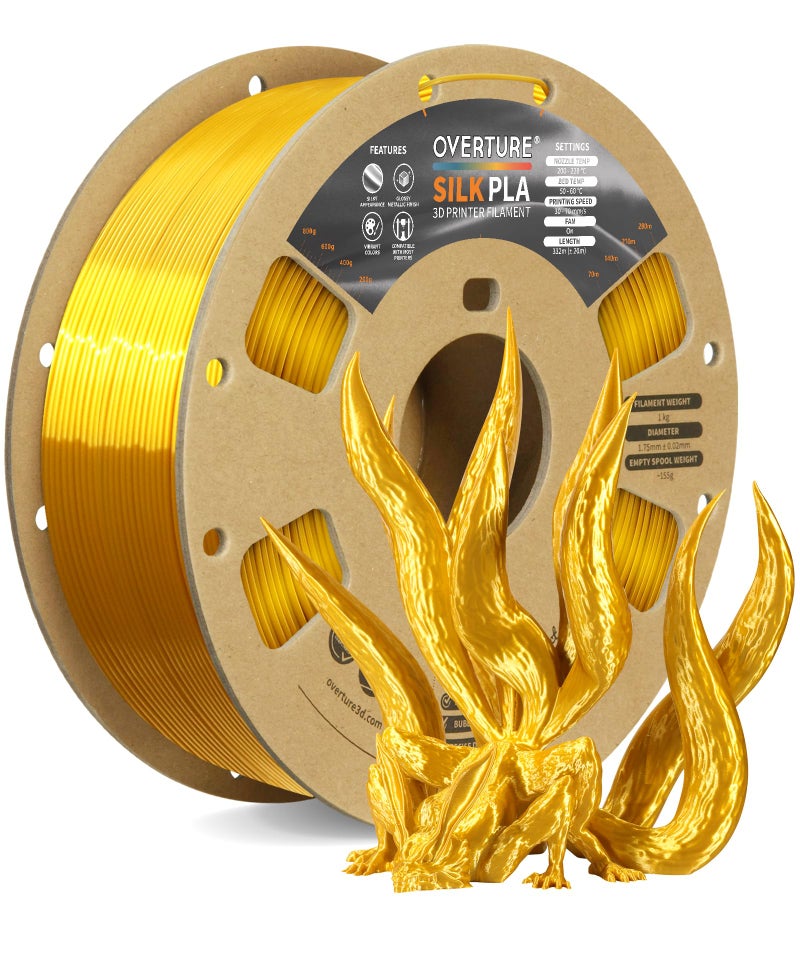 OVERTURE Silk Filament PLA 1.75mm Clog-Free Shiny 3D Printer Filament, 1kg Spool (2.2lbs), Dimensional Accuracy +/- 0.02 mm, Fit Most FDM Printer(Silk Gold) - Image 1