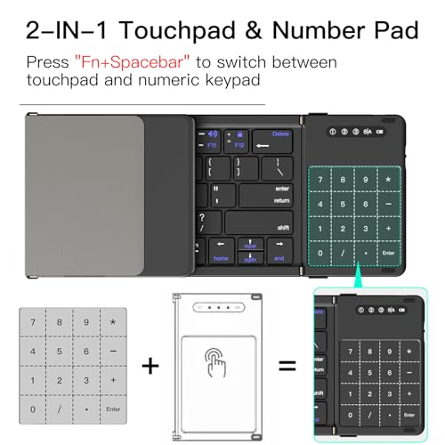 XIWMIX 2-in-1 Foldable Bluetooth Keyboard with Touchpad & Number Pad, Multi-Device Folding Wireless Rechargeable Portable Travel Keyboard for iPad,Laptop,PC,Compatible with Windows,iOS,Android,MacOS - Image 4