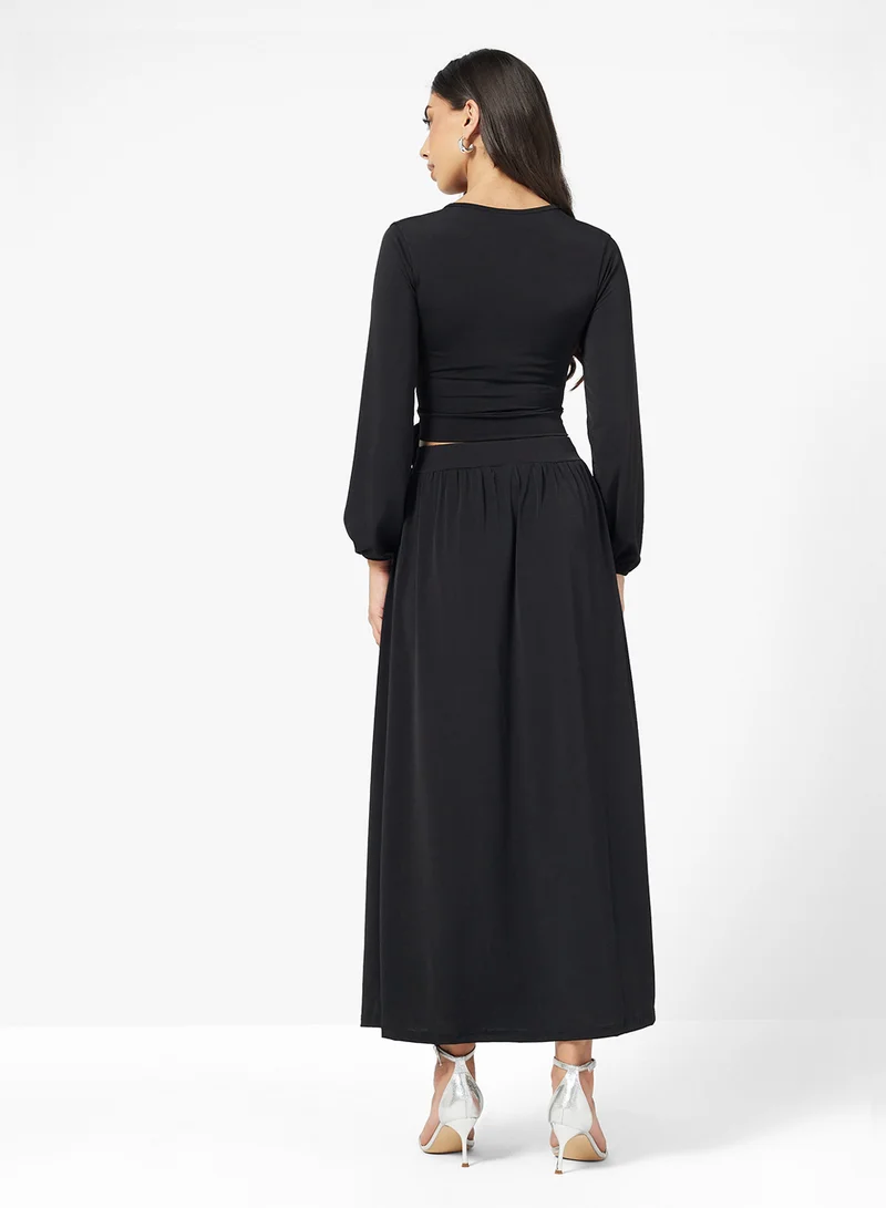 FYOR Black Wrap Top & Maxi Skirt Set – Elegant Two-Piece Ensemble