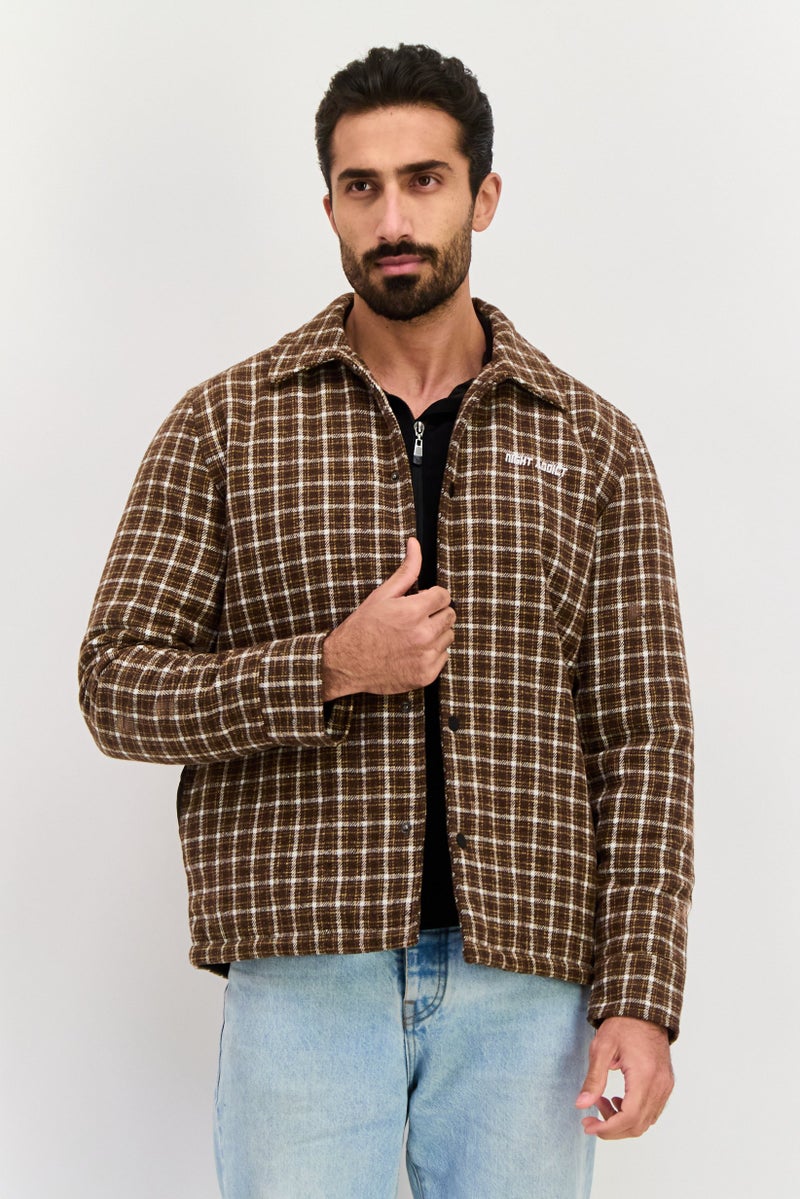 Night Addict Men Plaid Jacket Shirt, Brown - Image 1