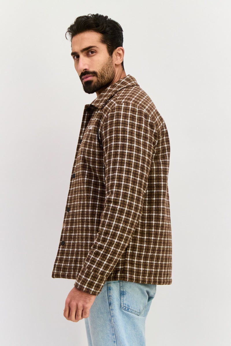 Night Addict Men Plaid Jacket Shirt, Brown - Image 2