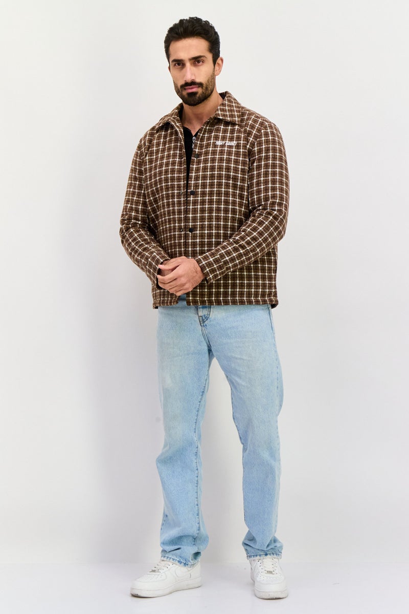 Night Addict Men Plaid Jacket Shirt, Brown - Image 4