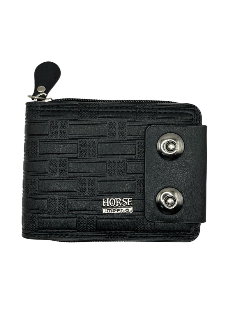 MARIO DRAFTS HORSE Imperio PU Leather, Textured Pattern, Snap Button Closure, Zipper Compartment, Fashion,Black - Image 1