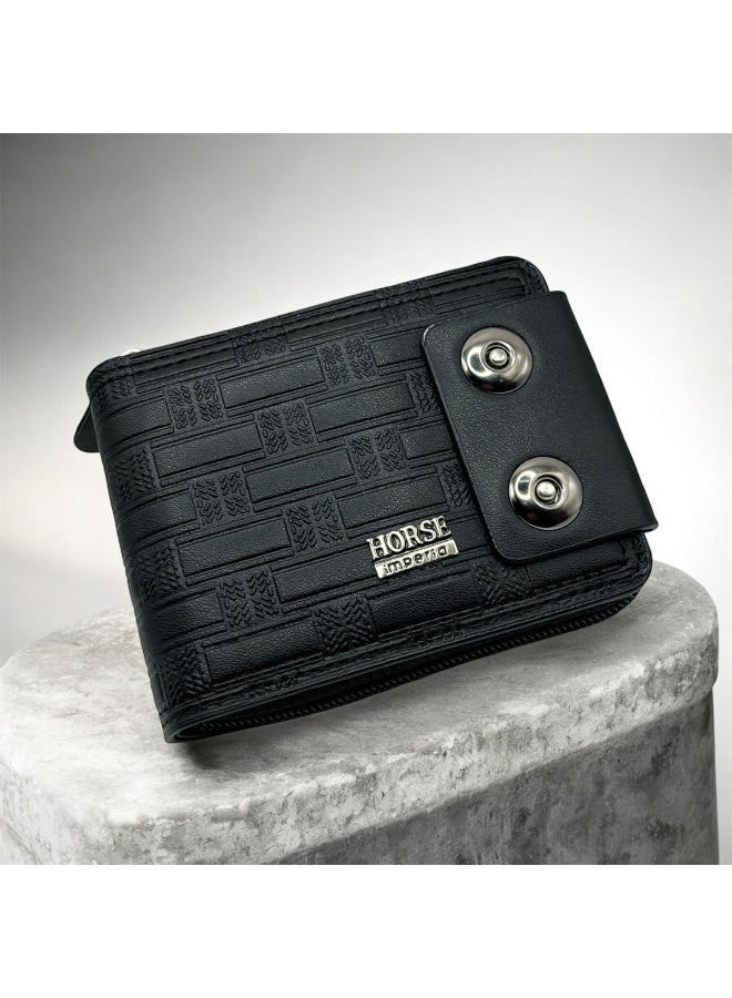 MARIO DRAFTS HORSE Imperio PU Leather, Textured Pattern, Snap Button Closure, Zipper Compartment, Fashion,Black - Image 2
