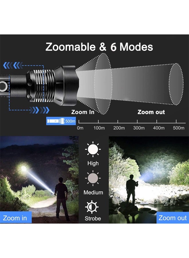 عربست مصباح يدوي LED قابل لإعادة الشحن، 20000 لومن عالي السطوع فائق السطوع، 3000 متر لقطة طويلة للغاية، 6 أوضاع كشافات من النوع C سريعة الشحن، كشافات إضاءة تكتيكية مقاومة للماء Ipx6 قابلة للتكبير للتخييم والتنزه في حالات الطوارئ  - Image 4