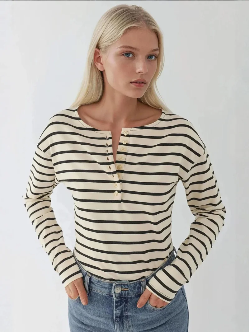 Striped Button Collar T-Shirt