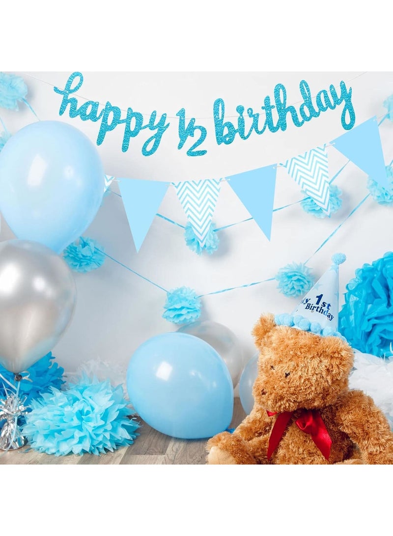 SOLARAE 1/2 6 Months Birthday Banner, Happy 1/2 Birthday Banner Glitter 1/2 Half Year Cake Topper Triangle Flag Banner for Half Year Baby Shower Birthday Party Decoration (BLUE) - Image 4