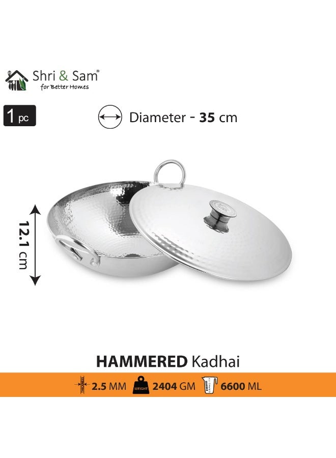 Shri & Sam Stainless Steel 6.6 Litre Triply Deep Pro Light Weight Hammered Kadhai with Lid, 35 cm, 2404 Grams - Image 2