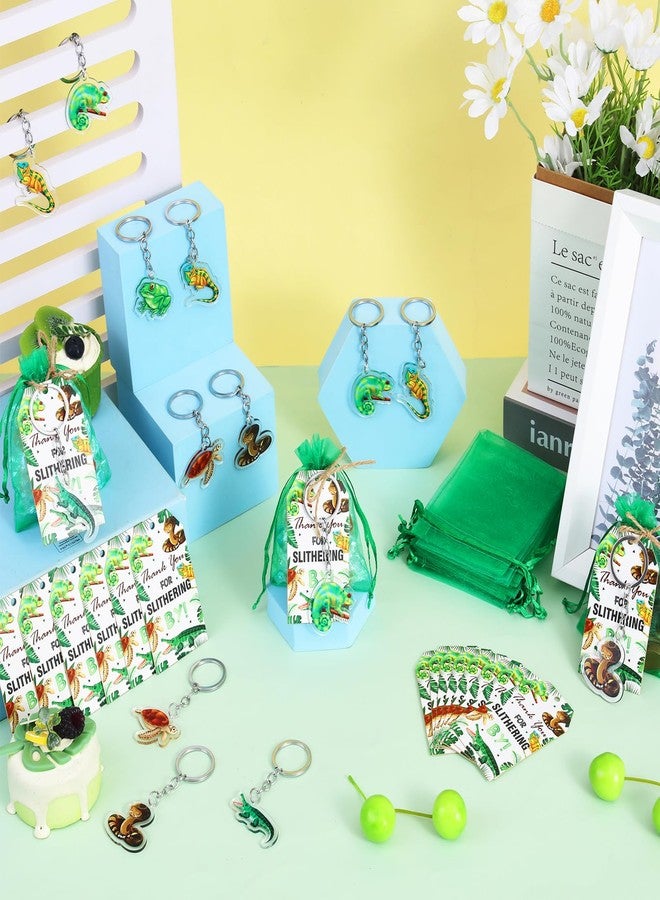 Serencatcher 72Pcs Reptile Party Favors, Reptile Birthday Party Decorations Including Turtle Frog Snake Lizard Keychains Bulk Thank you tags Organza Bags for Reptile Animal Birthday Gifts Rewards - Image 5