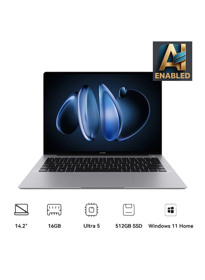 HUAWEI Matebook 14 Laptop, 14.2" 2.8K OLED Display, 1.31kg Ultra-Slim Design, 16GB RAM + 512 GB SSD, Ultra 5 Processor,  AI Camera Smart Conference, Super Device Drag to Connect English/Arabic Gray - Image 1