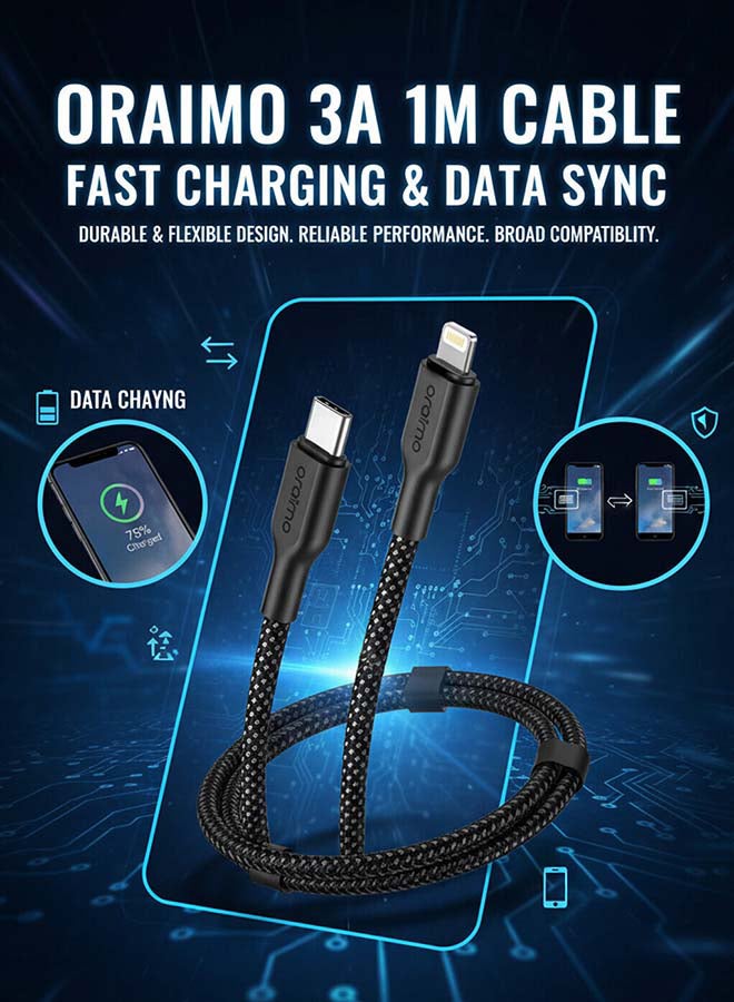 أورايمو كابل شحن فائق المتانة مضفر USB-C إلى Lightning 1م 45 واط - - Image 4