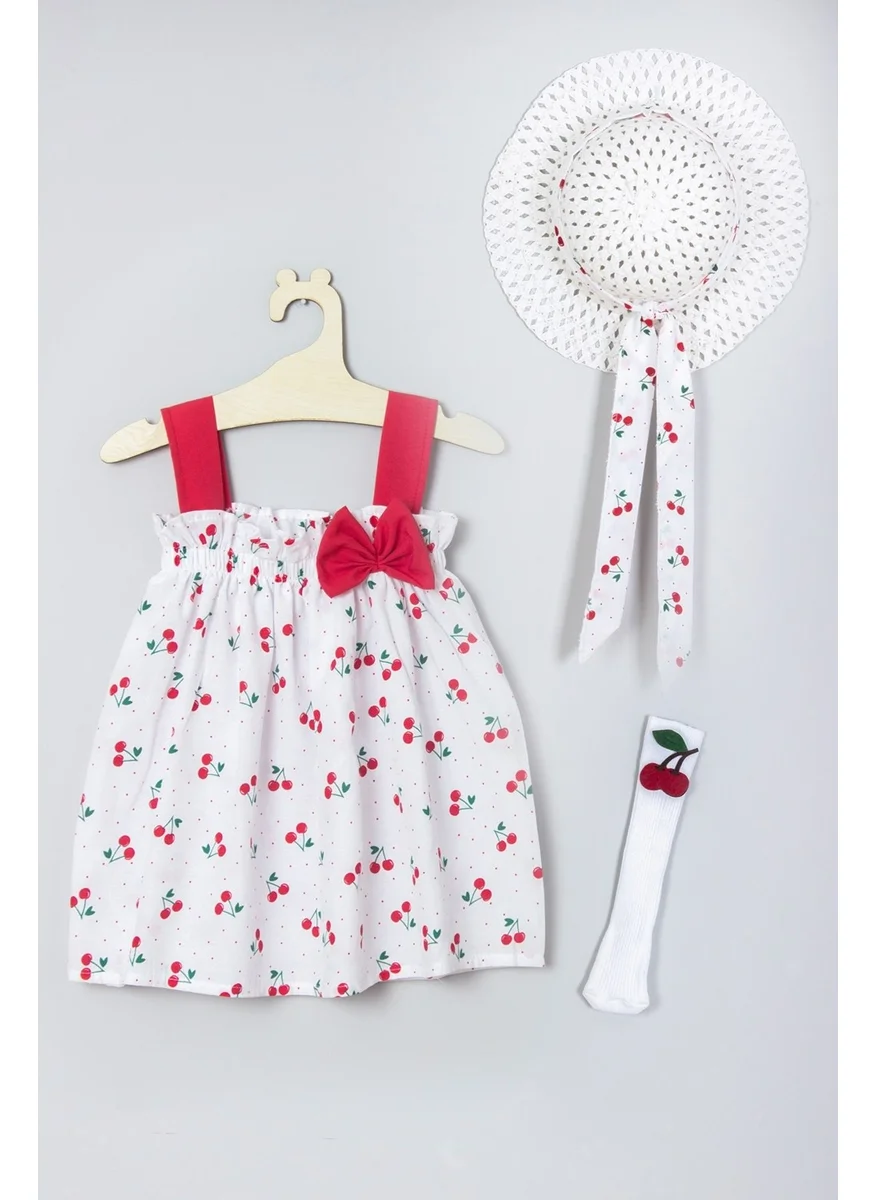 ادا بيبيك تشوكوك Ada Baby Kids Hat Cherry Patterned Dress Knee-Length Miki Socks Set 008