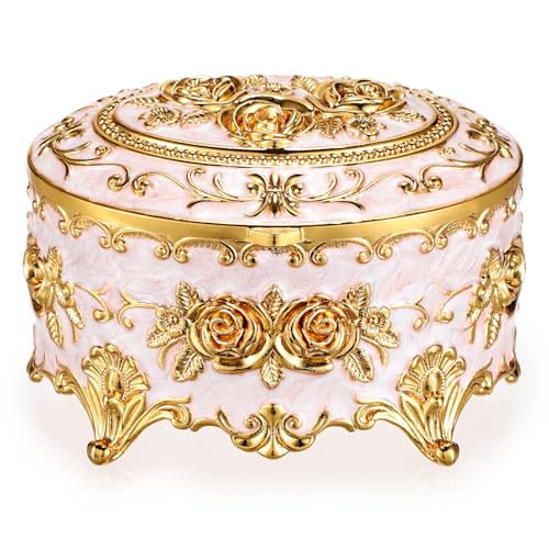 Hipiwe Vintage Metal Jewelry Box Oval Trinket Organizer Ring Box Case with Rose Pattern Jewelry Storage Box for Ring Earrings Necklace Gift for Women - Image 1