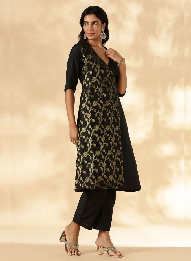Abhishti Black Brocade Angrakha Kurta and Pant Set
