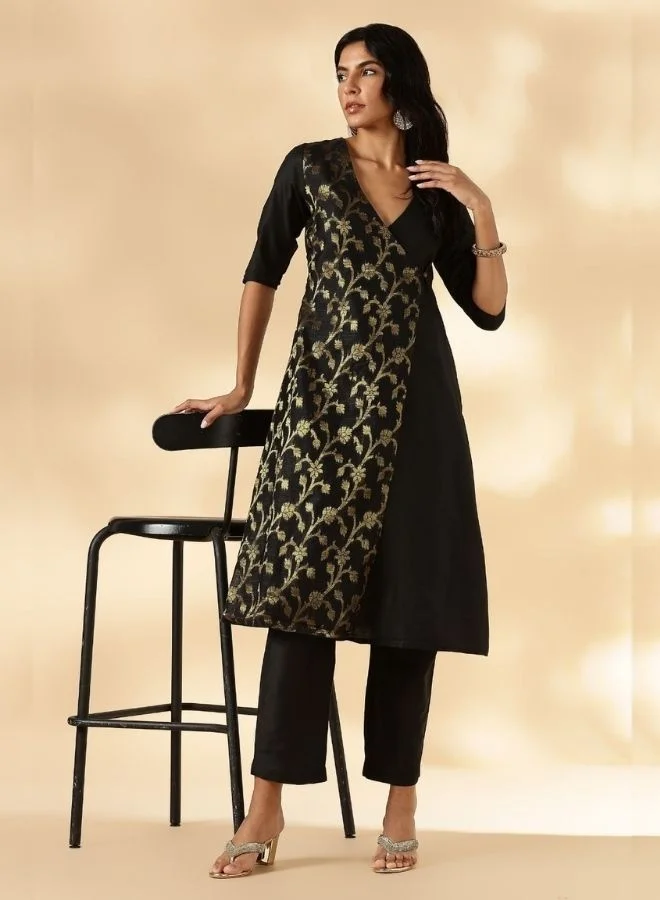 Abhishti Black Brocade Angrakha Kurta and Pant Set