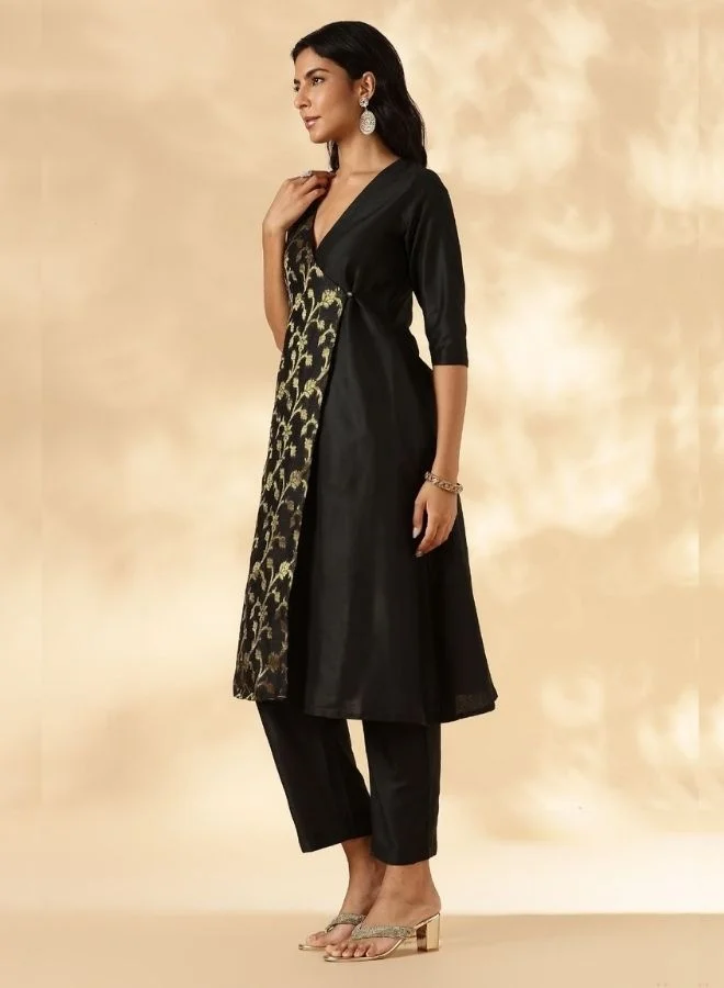 Abhishti Black Brocade Angrakha Kurta and Pant Set