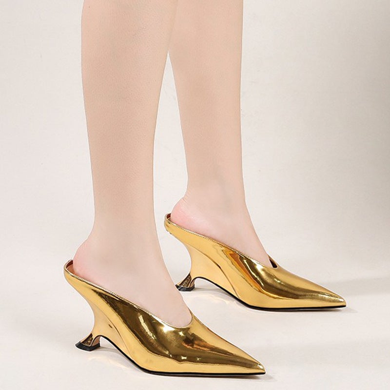 Patent Leather Shiny Face Pointed Front And Rear Empty Wedge Heels Style Golden Plus Size High Heels For Hair - Image 1