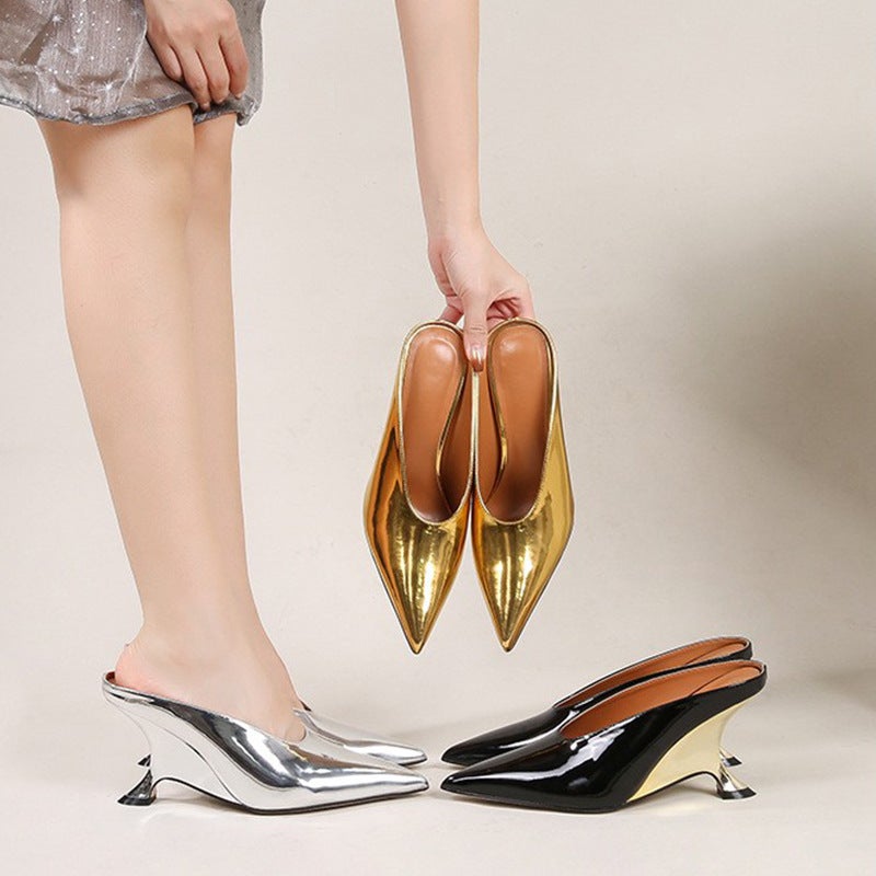 Patent Leather Shiny Face Pointed Front And Rear Empty Wedge Heels Style Golden Plus Size High Heels For Hair - Image 2