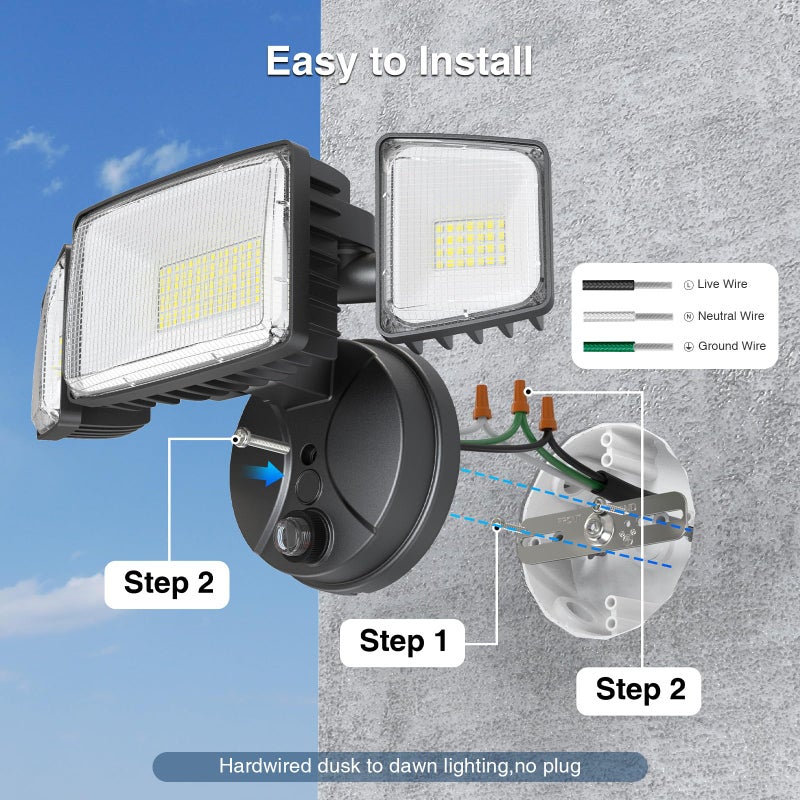 Onforu 100w Dusk to Dawn Outdoor Lighting,11000LM Led Outdoor Light from Dusk Till Dawn,Super Bright Flood Light,IP66 Waterproof Exterior Security Black Light Fixture,3 Heads Photocell for Garage,Yard - Image 2