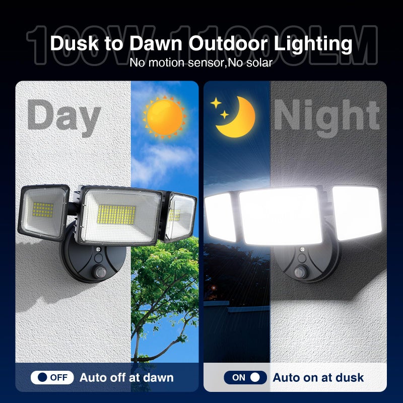 Onforu 100w Dusk to Dawn Outdoor Lighting,11000LM Led Outdoor Light from Dusk Till Dawn,Super Bright Flood Light,IP66 Waterproof Exterior Security Black Light Fixture,3 Heads Photocell for Garage,Yard - Image 3