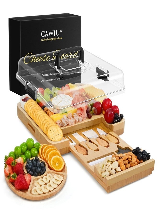 CAWIU Premium Charcuterie Board with Lid – Bamboo Cheese Board Set with Utensils, Drawer & Fruit Tray – House Warming Gifts New Home, Wedding, Birthday, Bridal Shower (Black) - Image 1