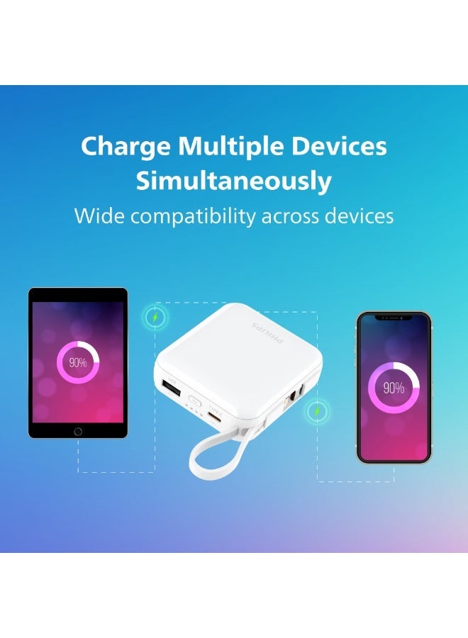 Philips 22.5W  Power Bank 10000mAh, PD Fast Charging, Built-in USB-C & Lightning Cables, Compact Travel Charger, LED Display, 6-Layer Protection, Portable Charger for iPhone and Android, DLP5713CP, White white - Image 2