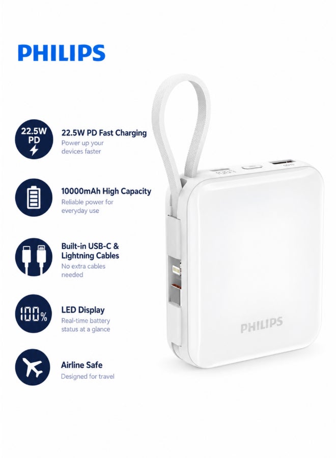 Philips 22.5W  Power Bank 10000mAh, PD Fast Charging, Built-in USB-C & Lightning Cables, Compact Travel Charger, LED Display, 6-Layer Protection, Portable Charger for iPhone and Android, DLP5713CP, White White - Image 1