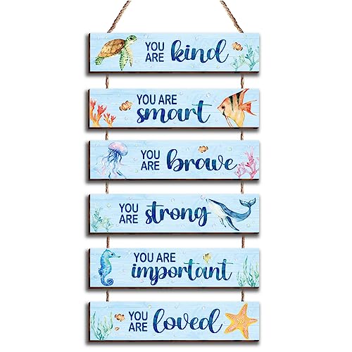 Kadiak 6 Pcs Ocean Decor Kids Room Placards of Wood Decor, Watercolor Ocean Inspirational Positive Quotes Works of art of Wood Wall Art Hanging Sign for Teens Children Bedroom Princess Toddler Room - Image 1