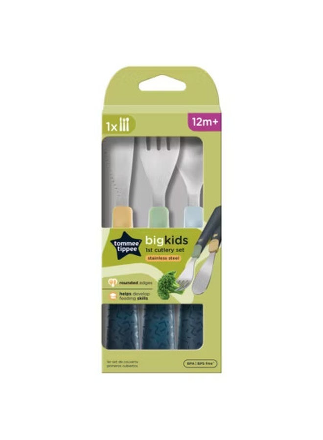 tommee tippee Big Kids Metal Cutlery Set 12M+ | Chunky Handles, Rounded Edges | Stainless Steel Toddler Fork, Spoon & Knife