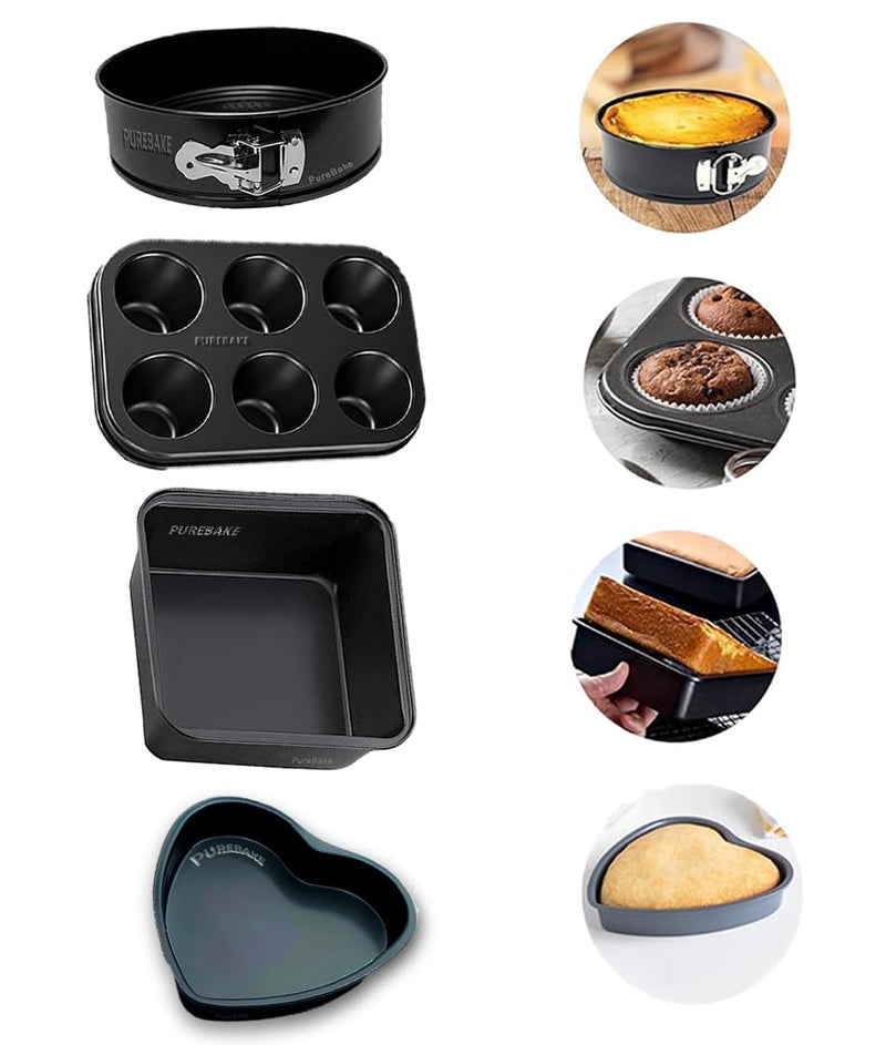 PureBake طقم صنع الكعك المتميز من 4 قطع معتمد من SGS من الفولاذ الكربوني مناسب للميكروويف وفرن OTG وآمن في غسالة الصحون (6 قوالب + قالب كعكة على شكل قلب ومربع + قالب كعكة) باللون الأسود - Image 1