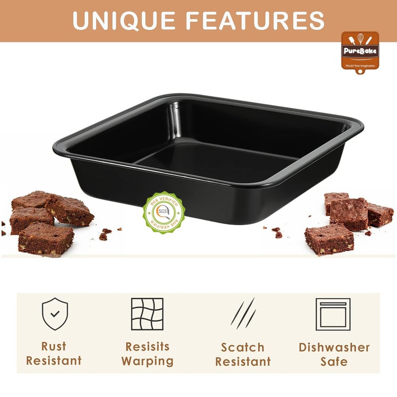 PureBake طقم صنع الكعك المتميز من 4 قطع معتمد من SGS من الفولاذ الكربوني مناسب للميكروويف وفرن OTG وآمن في غسالة الصحون (6 قوالب + قالب كعكة على شكل قلب ومربع + قالب كعكة) باللون الأسود - Image 4