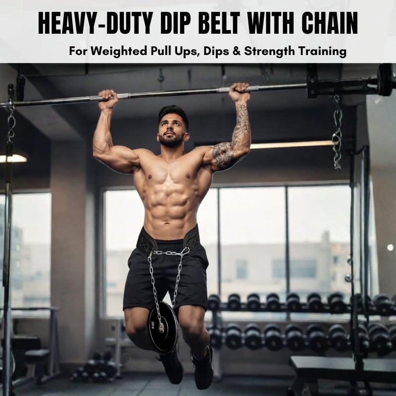 YAGHZU Dip Belt with Chain â€“ Weighted Pull Up Belt, Dip Weight Belt, Weightlifting Belt for Pullups, Squats, and Dips, Belt Squat Attachment Ideal Weight Belt for Pullups, Weightlifting, and Gym Workouts (Black) - Image 2