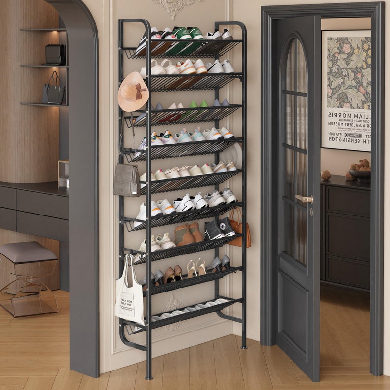 UMDONX 9 Layer Shoe Rack for 27 Pairs Shoes, Freestanding Shoe Organizer with 12 Hooks & 8 Adhesive Pads, Space-Saving Vertical Storage for Entryway and Walk-in Closet Width 27.56 inchï¼ˆ70cmï¼‰ - Image 1