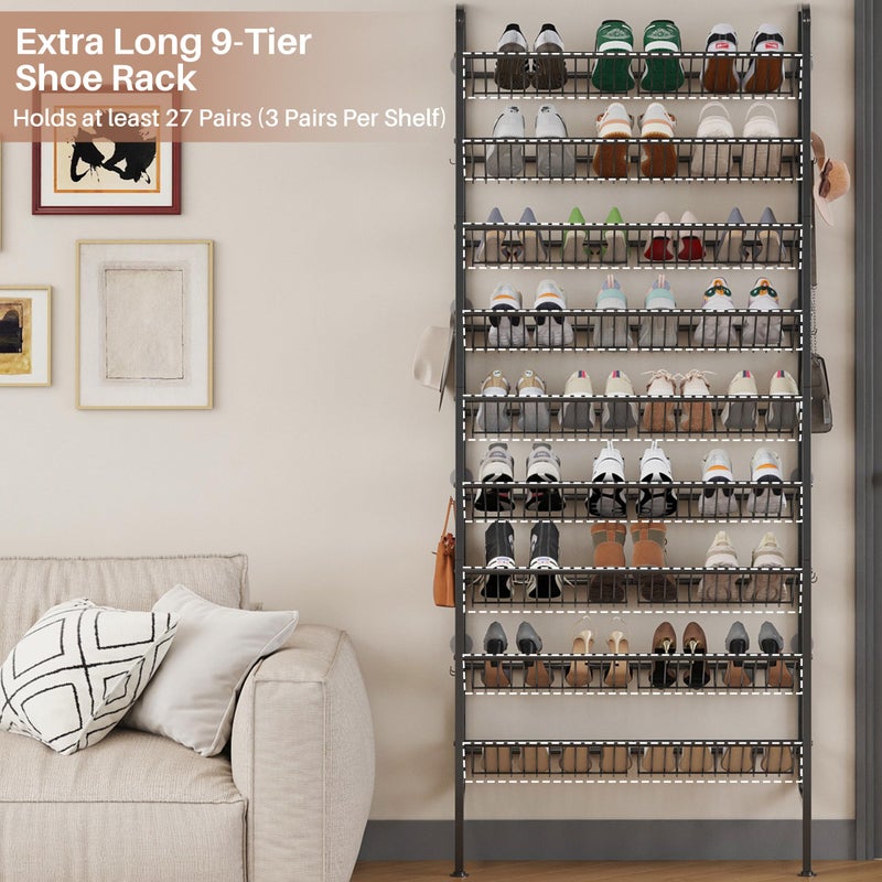 UMDONX 9 Layer Shoe Rack for 27 Pairs Shoes, Freestanding Shoe Organizer with 12 Hooks & 8 Adhesive Pads, Space-Saving Vertical Storage for Entryway and Walk-in Closet Width 27.56 inchï¼ˆ70cmï¼‰ - Image 4