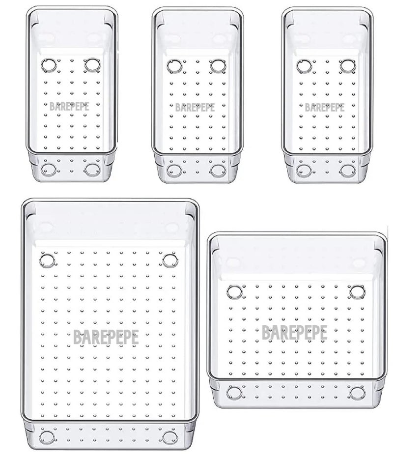BAREPEPE 5 Piece Unbreakable Clear Plastic Drawer Organizers Set 3Size Versatile Bathroom and Vanity Drawer Organizer Trays Storage Bins for Makeup Jewelries Kitchen Utensils and OfficeTransparent - Image 1