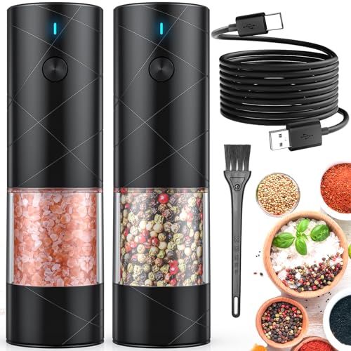 Lidaop 2Pack Electric Salt and Pepper Grinder Set USB Rechargeable with Warm LED Light, Adjustable Coarseness Lidaop Large Capacity Automatic Salt Pepper Mill Grinder for Kitchen, Restaurant, Outdoor, Black - Image 1