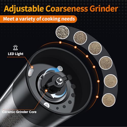 Lidaop 2Pack Electric Salt and Pepper Grinder Set USB Rechargeable with Warm LED Light, Adjustable Coarseness Lidaop Large Capacity Automatic Salt Pepper Mill Grinder for Kitchen, Restaurant, Outdoor, Black - Image 3