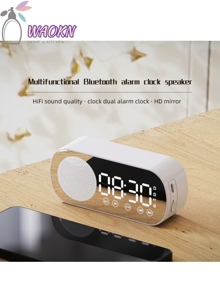 WAOKN - Digital Dual Alarm Clock Speaker Multi-Function Rechargeable Bluetooth 5.0 Speaker LED Display Mirror Desk Alarm Clock with FM Radio Support TF Card for Hotel Office Bedroom Travel White - Image 1