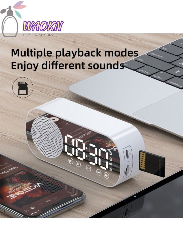 WAOKN - Digital Dual Alarm Clock Speaker Multi-Function Rechargeable Bluetooth 5.0 Speaker LED Display Mirror Desk Alarm Clock with FM Radio Support TF Card for Hotel Office Bedroom Travel White - Image 1