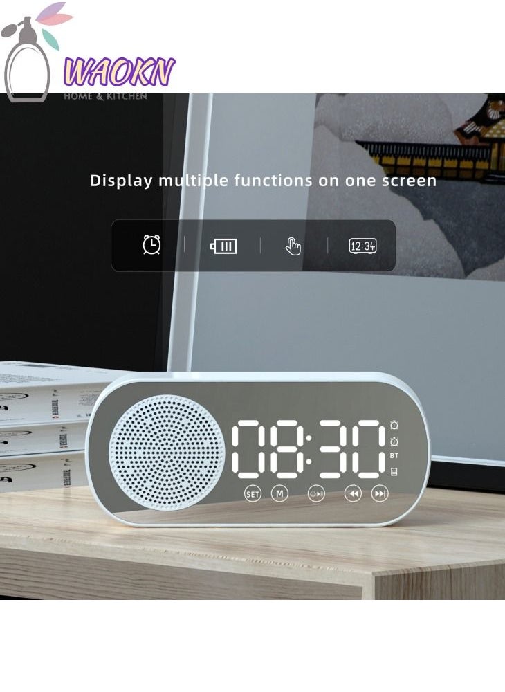 WAOKN - Digital Dual Alarm Clock Speaker Multi-Function Rechargeable Bluetooth 5.0 Speaker LED Display Mirror Desk Alarm Clock with FM Radio Support TF Card for Hotel Office Bedroom Travel White - Image 1