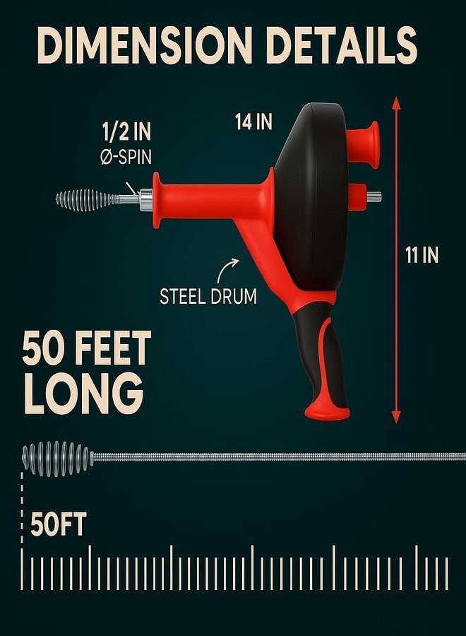 musbus 50 FT Drain Snake Hair Drain Clog Remover, Automatic, Red - Image 4