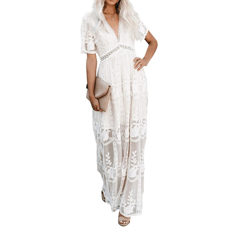 amropi Womens Deep V Neck Short Sleeve Floral Lace Dress Long Bridesmaid Maxi Dresses White,L - Image 1
