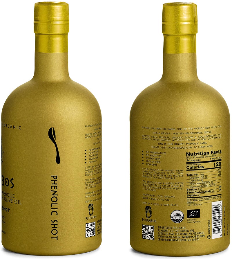 P.J. KABOS 2024/25 Harvest, Extremely High Phenolic (1000+ mg/kg), USDA Organic Greek Extra Virgin Olive Oil, Kosher, Cold Extracted, 16.9oz Bottle, PJ KABOS “Family Reserve Organic - Phenolic Shot” - Image 3