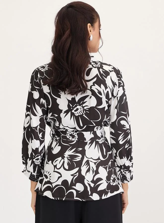 Femmella Femmella Floral Print V-Neck Wrap Top with Waist Tie-Up Detail
