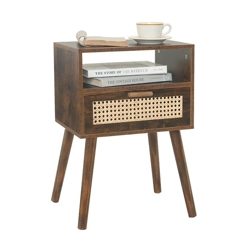 MaxSmeo Mid Century Nightstand Rattan Side Table with Drawer Wood Modern Bedside Table for Bedroom Living Room and Small Spaces Rustic Brown