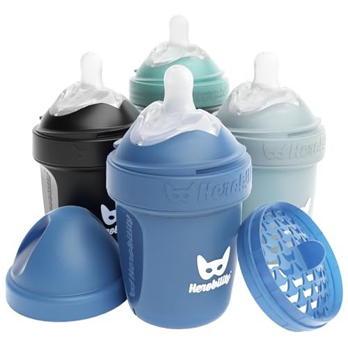 Herobility Double Anti-Colic Baby Bottles – 5 fl oz/140ml – 4-Pack – Multicolor – Denim, Black, Dusky Green, Gray - Image 1