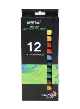 BRUSTRO BRUSTRO Artist's Acrylic Colour | Set of 12 Colors X 12ml Tubes | Ideal for Students and Adults, DIY, Rich Pigment, Non-Craking Paint for Canvas, Wood, Leather, Portrait, Pouring Medium Art  - Image 1